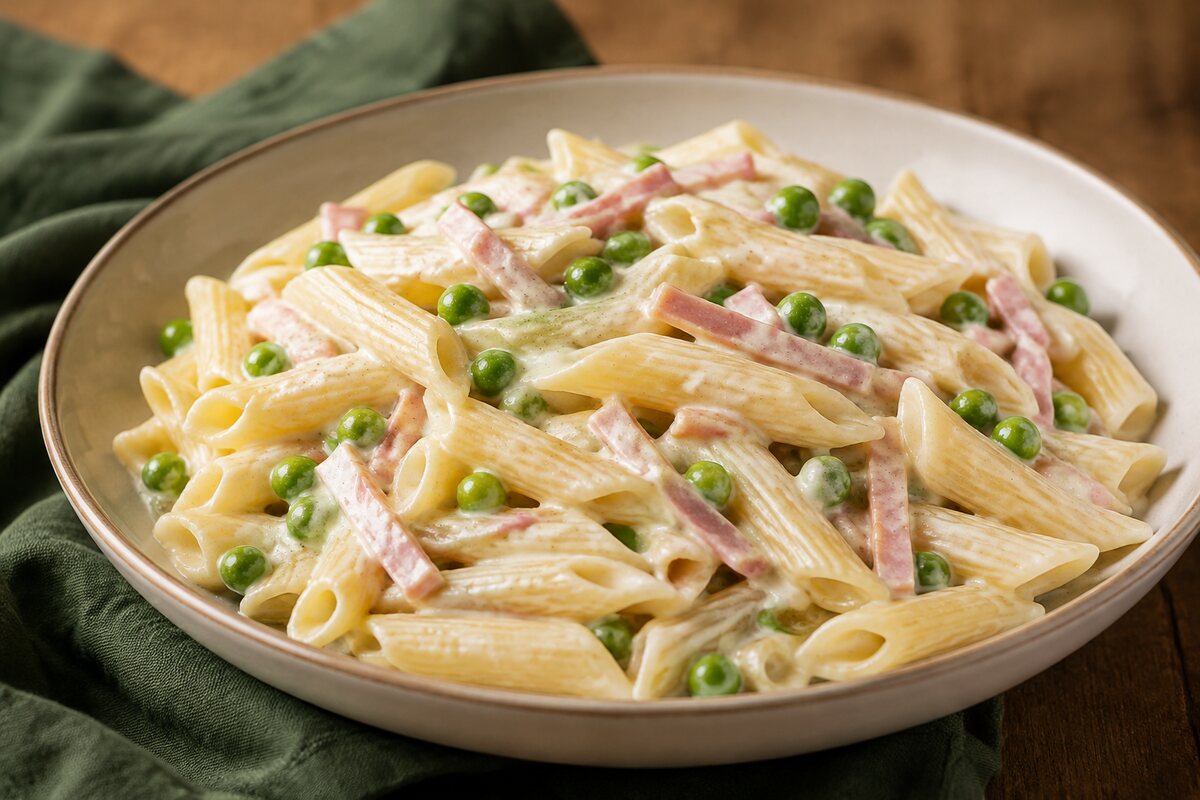 Penne cu mazăre, șuncă și sos alb